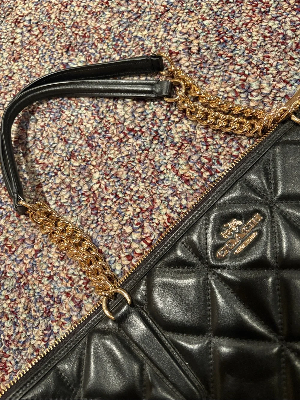 Coach Black Quilted Leather Tote with Gold Chain Handles